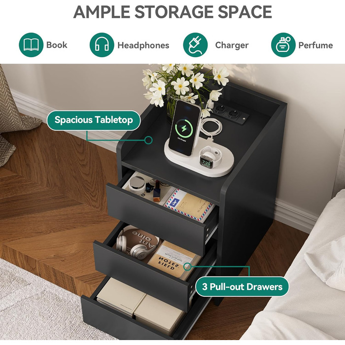 Тумба приліжкова YITAHOME з 3 шухлядами, USB-зарядкою та розетками, водостійка, для спальні та вітальні, 35x40x60 см, біла