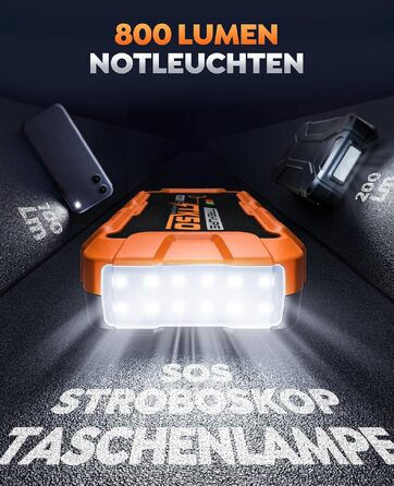 Бустер для автомобіля Starthilfe Powerbank 9000A 26800mAh — Пусковий пристрій для бензинових та дизельних двигунів (до 12.0L), 12V з ліхтарем 800 Лм та USB-портами, помаранчевий