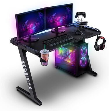 Ігровий стіл ELITE Rocksolid 2.0 чорний RGB з LED-підсвічуванням, тримачем для гарнітури та напоїв, органайзером для кабелів, комп'ютерний стіл для геймерів