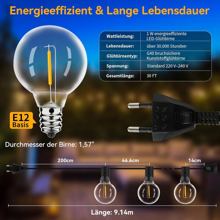LED гірлянда AVANLO для вулиці 30.4м, 100 LED ламп G40, водонепроникна. Для саду, балкона, весіль, вечірок.