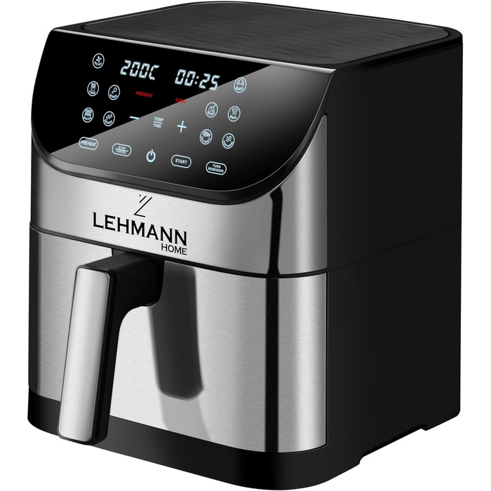 Аерофритюрниця Lehmann XXL 8 л, 1800 Вт, цифровий LED-екран, 10 програм, регулювання температури 76-200°C, таймер, приготування без олії, для здорового харчування