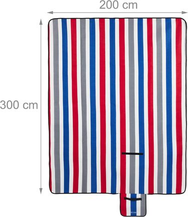 Пікнік-ковдра Relaxdays XXL 200x300 см, водонепроникна, з ручкою, флісова смугаста для пляжу, різнокольорова