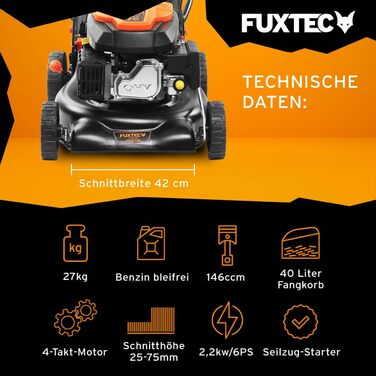 Бензиновий газонокосарка FUXTEC FX-RM4346 3в1 з приводом на задні колеса, ширина косіння 42 см, 146 см³, 40 л, збір трави