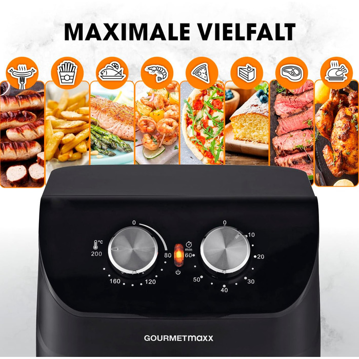 Аерофритюрниця GOURMETmaxx 4 л, 1400 Вт, таймер, нержавіюча сталь, з функціями попереднього нагріву та підтримки тепла, економна, майже без олії, матова чорна