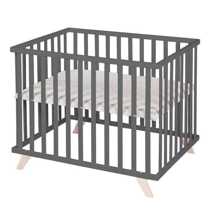 Дитячий манеж roba 75x100 см з вкладкою Lil Planet, сірий, сертифікати GOTS і Oeko-Tex 100, 3-рівневе регулювання висоти, дерев'яний антрацитовий