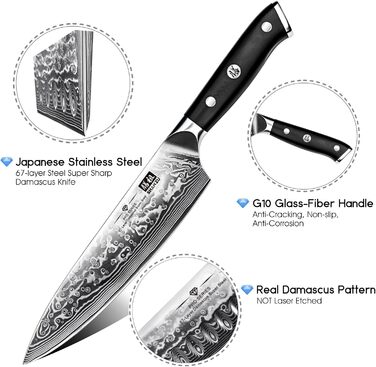 Ніж кухарський SHAN ZU Damast Pro Series, 20 см, 67 шарів дамаської сталі, ручка G10