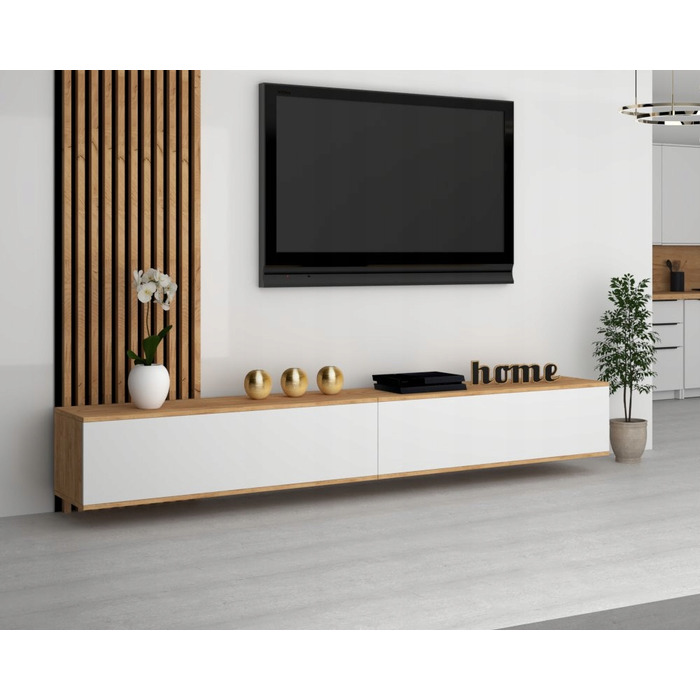 Підвісна ТВ-тумба з полицями та вітриною для вітальні, білий матовий колір (Craft), 200 см