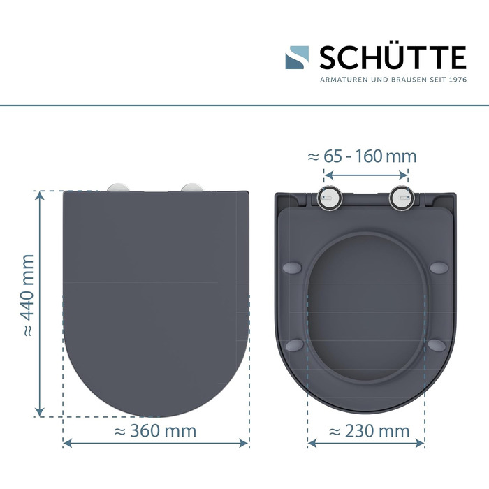 Сидіння для унітазу SCHÜTTE з мікроліфтом (D-подібне), антрацит, ударостійкий дюропласт, швидкий монтаж, витримує до 200 кг