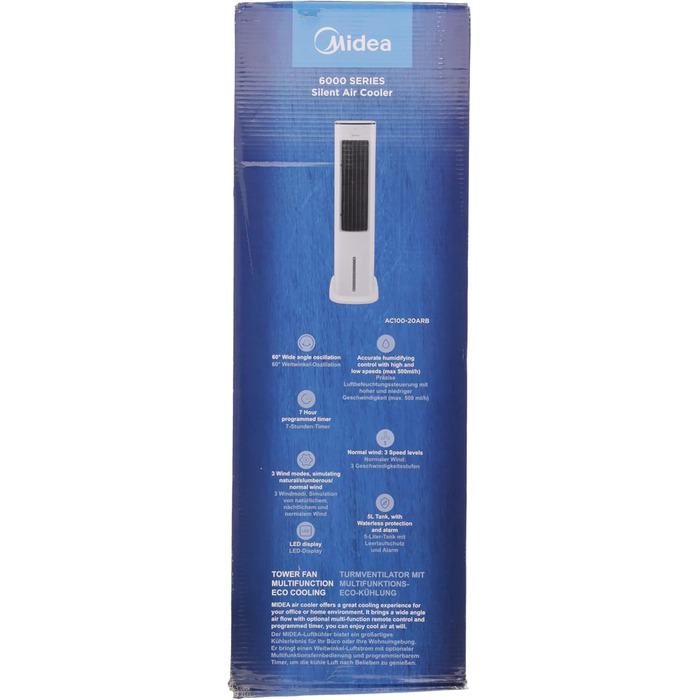 Мобільний кондиціонер Midea з водяним охолодженням, іонізацією та зволоженням, з резервуаром для води 5 л, 355 м³/год, без повітроводу, пульт, 55 Вт, білий