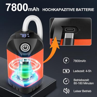Портативний кемпінговий душ B013 з акумулятором 7800mAh, USB-C, 3-рівневою лійкою та LED-дисплеєм температури, водонепроникний, помаранчевий