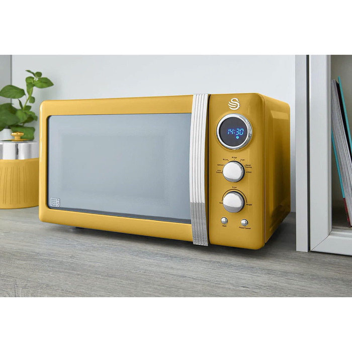 Мікрохвильова піч Swan Retro 20 л, 800 Вт, жовта, цифрова, 5 режимів, розморожування, таймер 60 хв, дзеркальні дверцята, вінтажний дизайн
