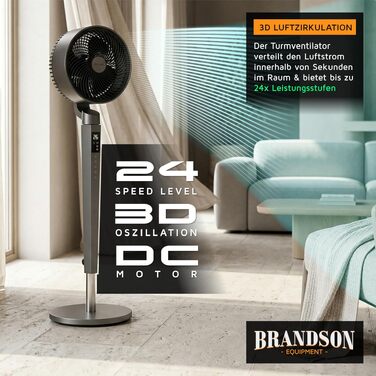 Вентилятор підлоговий Brandson 3D з DC-мотором, ECO-дизайн, надтихий. Економія енергії 60%, 24 швидкості, горизонтальне та вертикальне коливання