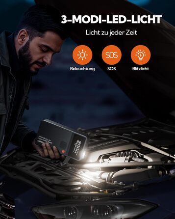 Бустер-стартер для авто 7-в-1 з портативним компресором, Powerbank 12000mAh, LED-ліхтарем та USB-C зарядкою, набір для екстреної допомоги JC8