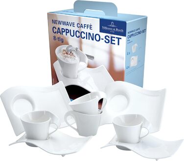 Набір кавовий Villeroy & Boch NewWave Premium Cappuccino 8 предметів на 4 персони, білий, для кавоварки, миюча посудомийна машина, дизайн хвиля, 4 шт.