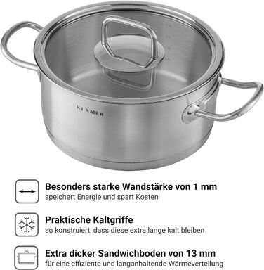 Набір каструль Klamer Induktion 5-тилісний – преміум набір з нержавіючої сталі з кришкою з термостійкого скла, без антипригарного покриття, придатний для миття в посудомийній машині, енергозберігаючий, для духовки та з мірною шкалою