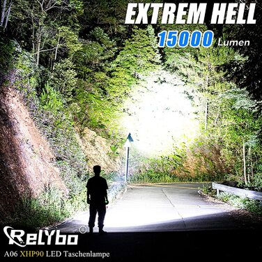 Ліхтарик Relybo XHP90 20000 Люмен, акумуляторний LED, надяскравий, тактичний, 5 режимів, USB-зарядка, для кемпінгу, туризму, екстрених ситуацій, чорний