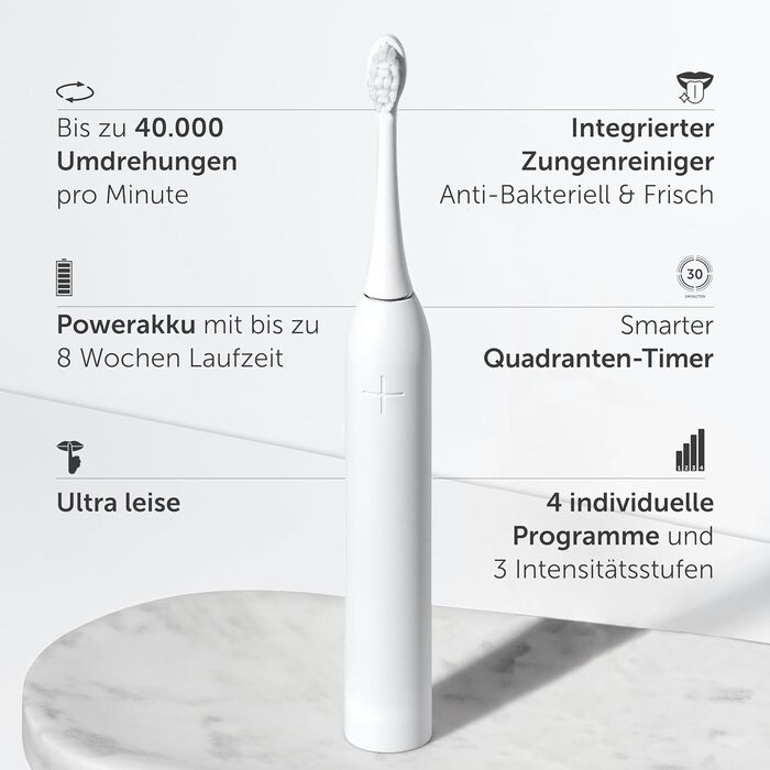 Електрична зубна щітка Wondersmile PRO - переможець тесту 2025 - 100 днів без ризику - TÜV-сертифікована, 4 програми, акумулятор 60 днів, смарт-насадка, 1 шт. (All White Bundle)
