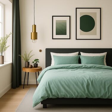 Комплект постільної білизни VEL VET HOME з 100% бавовни, підковдра 140x200 см та наволочка 80x80 см, на блискавці, колір м'ятний (зелений), преміум-якість, Made in EU
