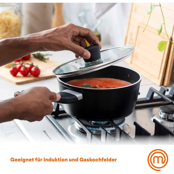 Каструля MasterChef з антипригарним покриттям, скляна кришка, ергономічні ручки, для всіх типів плит, індукція, 18 см, Essentials