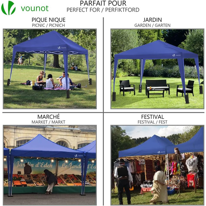 Складаний павільйон VOUNOT 3x3 м, 4 мішки з піском, синій, UV-захист 50+