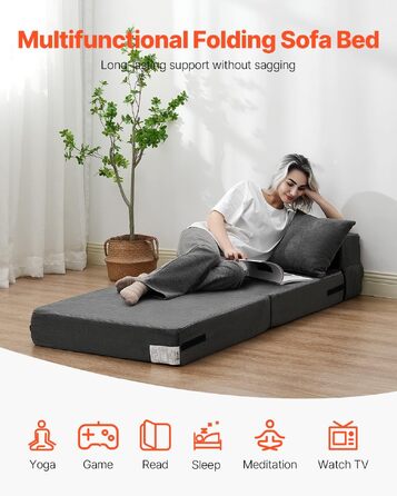 Диван-ліжко VEVOR 3-в-1 розкладний, з подушками, знімним чохлом, піна Memory Foam, сірий (односпальний) 1860x730x150 мм