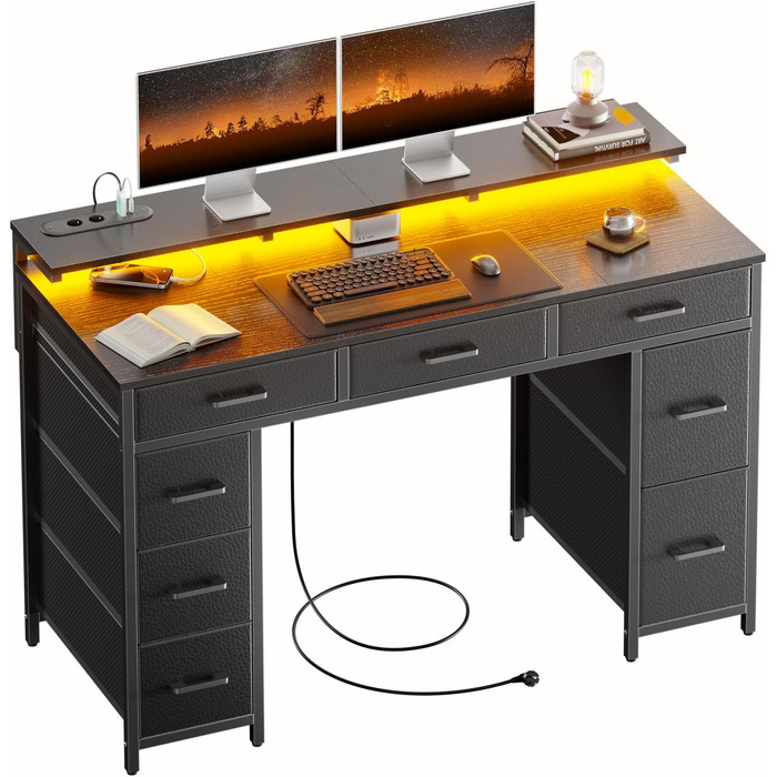 Комп'ютерний стіл з 8 висувними ящиками, 2 розетками, 2 USB-портами, LED-підсвічуванням та підставкою для монітора, 120 x 50 x 74 см (Чорний)