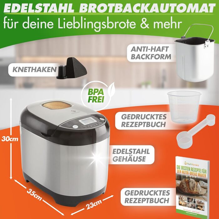 Nutrilovers Brotbackautomat з нержавіючої сталі: 19 програм, 3 розміри хліба, таймер, рецепти