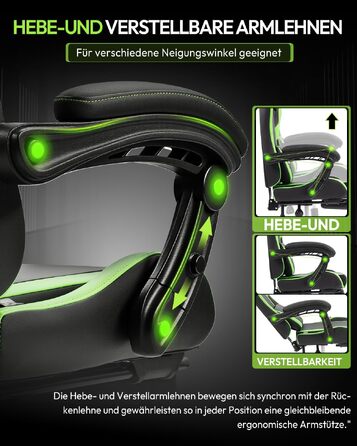 Ігрове крісло Dowinx Ergonomic Gaming Chair з підставкою для ніг, регульованими підлокітниками, навантаження до 150 кг, колір Зелений Pro