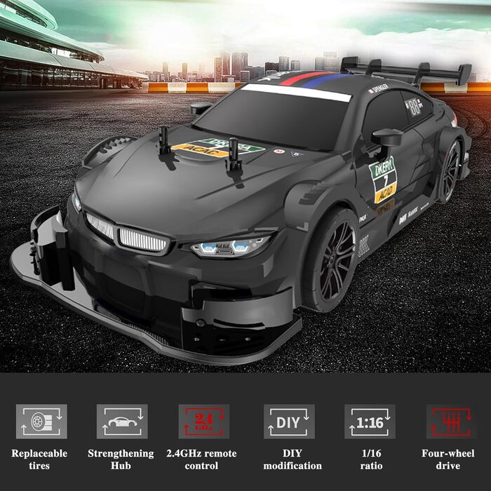 RC Автомобіль Goolsky 1/16 4WD Дрифт, 40 км/год, 2.4GHz, Регульована швидкість, Змінні шини для дрифту та гонок (Жовтий)