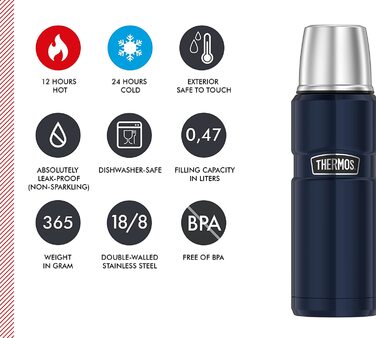 Термос із нержавіючої сталі 470 мл Thermos, синій, із чашкою, зберігає тепло 12 год, холод 24 год, герметичний, BPA-free, для напоїв, без ручки, можна мити в посудомийці