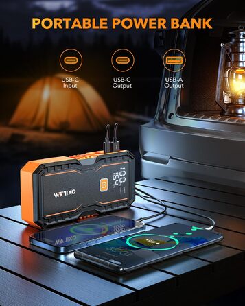 Бустер для автомобіля OXILAM 6000A, портативний пусковий пристрій для акумуляторів 12В, Jump Starter з літієвою батареєю, LED-дисплеєм та ліхтариком, помаранчевий