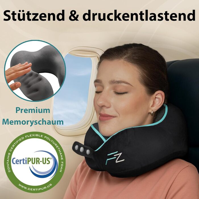 Подушка для шиї FlowZoom Comfy: регульована, з memory foam, для авто та літака - 360° підтримка, дихаючий чохол, чорна