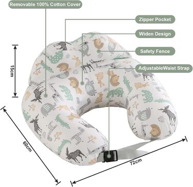 Подушка для годування SHANNA XXL, багатофункціональна, з регульованим поясом, 100% бавовна, знімний чохол, для грудного та пляшкового вигодовування, дизайн 'Лісові тварини'
