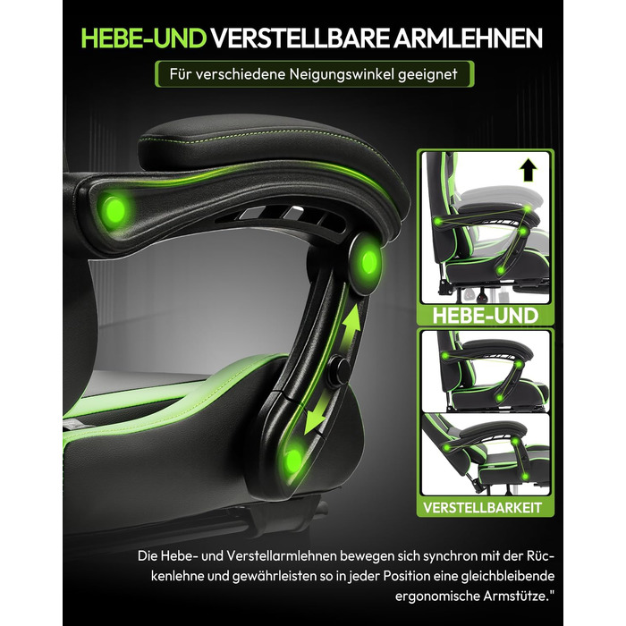 Ігрове крісло Dowinx Ergonomic Gaming Chair з підставкою для ніг, регульованими підлокітниками, навантаження до 150 кг, колір Зелений Pro
