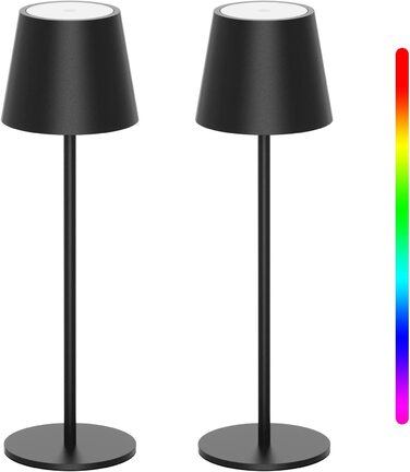 K-Bright LED акумуляторна настільна лампа, димована, бездротова, тепле світло 3000K+RGB, USB-C, алюміній, IP54, чорна, 2 шт.