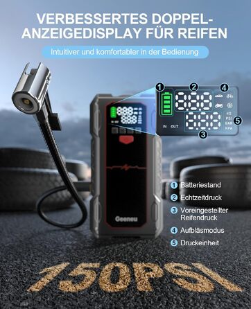 Бустер для авто Starthilfe Powerbank 6000A: пусковий пристрій з компресором 150PSI, 12V для бензинових (до 9л) та дизельних (до 7.5л) двигунів, чорний