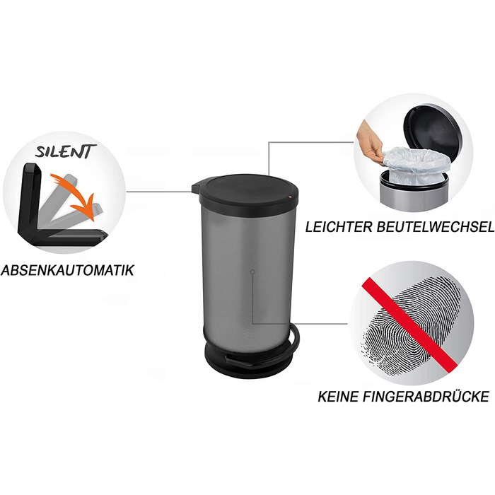 Смітник Rotho Paso 30 л з кришкою, пластик, BPA-free, колір carbon metallic