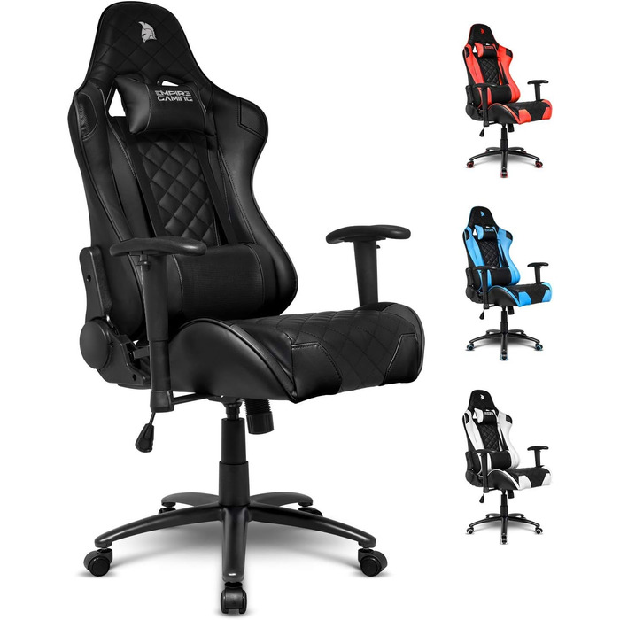 Ігрове крісло EMPIRE GAMING Racing 700, чорне/біле, ультракомфортне, ергономічна форма, регульовані 2D підлокітники, з подушками для попереку та шиї
