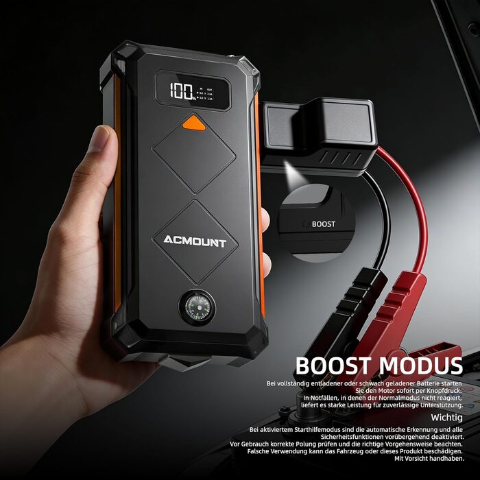 Бустерний пускач Acmount P110 7000A Powerbank для авто (12л бензин/10л дизель) з LED-ліхтарем, компасом та молотком для PKW, SUV, мотоциклів, газонокосарок, помаранчевий