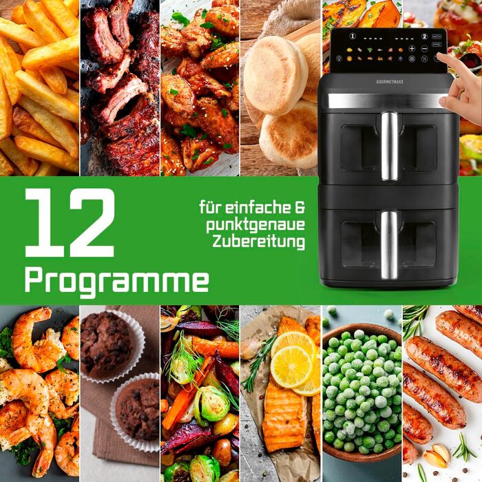 Аерофритюрниця GOURMETmaxx AirGenius 10L з двома камерами (2x5Л), сенсорним керуванням та 10 програмами приготування, для 8 осіб
