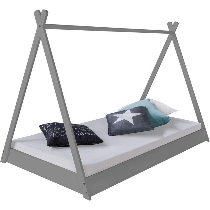 Дитяче ліжко Homestyle4u 90x200 см, тіпі, сіре-біле, зірки, дерев'яна сосна