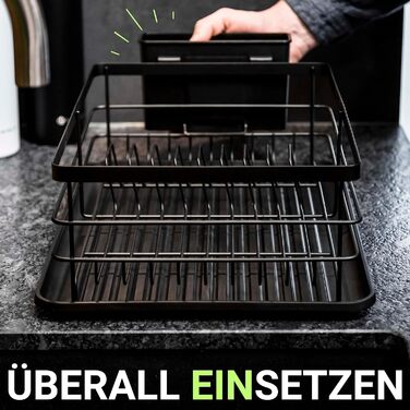 Сушарка для посуду LINFELDT з металу, чорна, 42,5×31,5×14,5 см, на 10 тарілок і 20+ столових приборів, для мийки, зі зливом, легована сталь