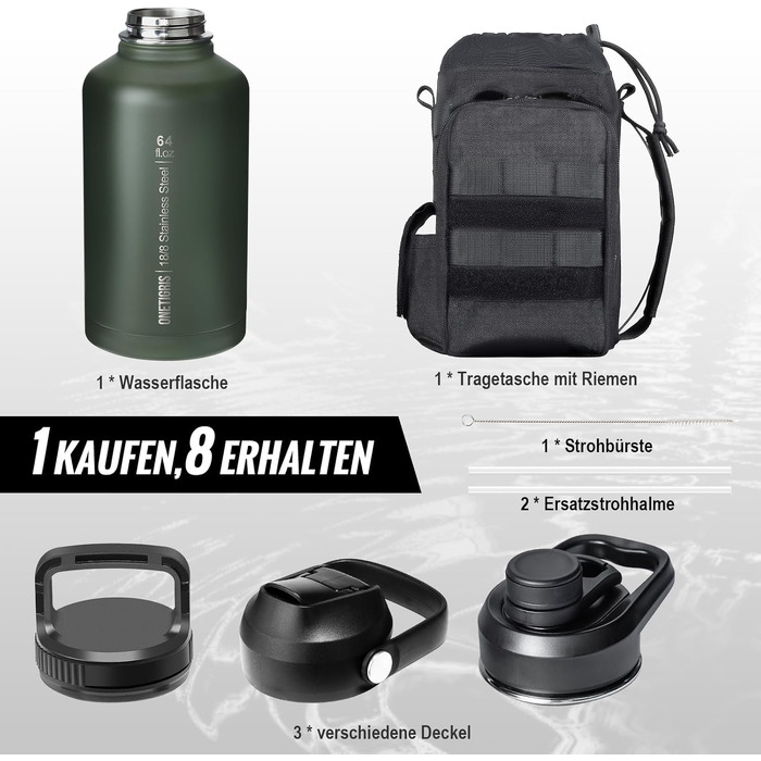 Термос-фляга OneTigris Edelstahl 1.9л (64oz) з чохлом, спортивна фляга для води, 3 кришки для велосипеда, кемпінгу, йоги, спортзалу, полювання, риболовлі - Оливково-зелений
