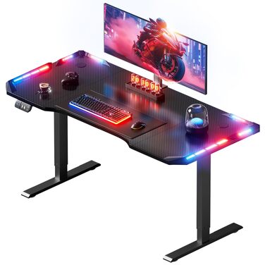 Електричний стіл для геймінгу HLONONE 120x60 см з LED, регульований по висоті, з карбоновою поверхнею та пам'яттю функцій, чорний