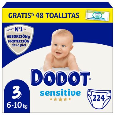 Дитячі підгузки Dodot Sensitive, розмір 3 (6-10 кг), 224 шт. + 40 вологих серветок, гіпоалергенні, без пластику, блакитний колір, місячний запас