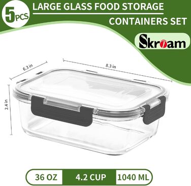 Набір скляних контейнерів для зберігання продуктів Skroam, 10 предметів (5 контейнерів + 5 кришок), придатні для мікрохвильовки, посудомийки й морозильної камери, без BPA