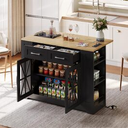 Кухонний острів DRIXNO (120×45×90см) багатофункціональна шафа-стіл для їдальні з сосновими кошиками для зберігання, чорний