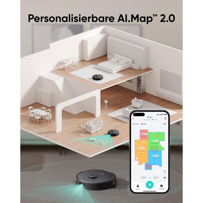 Робот-пилосос eufy X8 Pro з функцією вологого прибирання, Twin-Turbine 2×4000Па, щітка проти заплутування, лазерна навігація iPath, для глибокого очищення шерсті тварин з килимів і твердих підлог