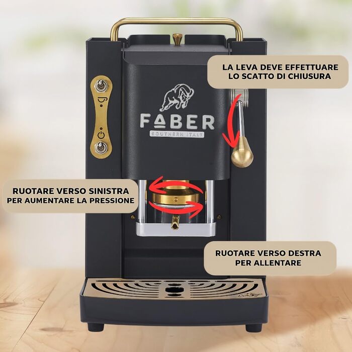 Кавомашина FABER Deluxe 3.0 ESE 44мм, чорна: професійна кавоварка з електроклапаном, скляним резервуаром 1л та латунним пресом для кавових таблеток