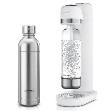 Сифон для газування води Arendo Soda Maker, набір з двома пляшками (1л пластикова BPA-free та 1л зі сталі), сумісний з циліндрами CO2 60л, білий